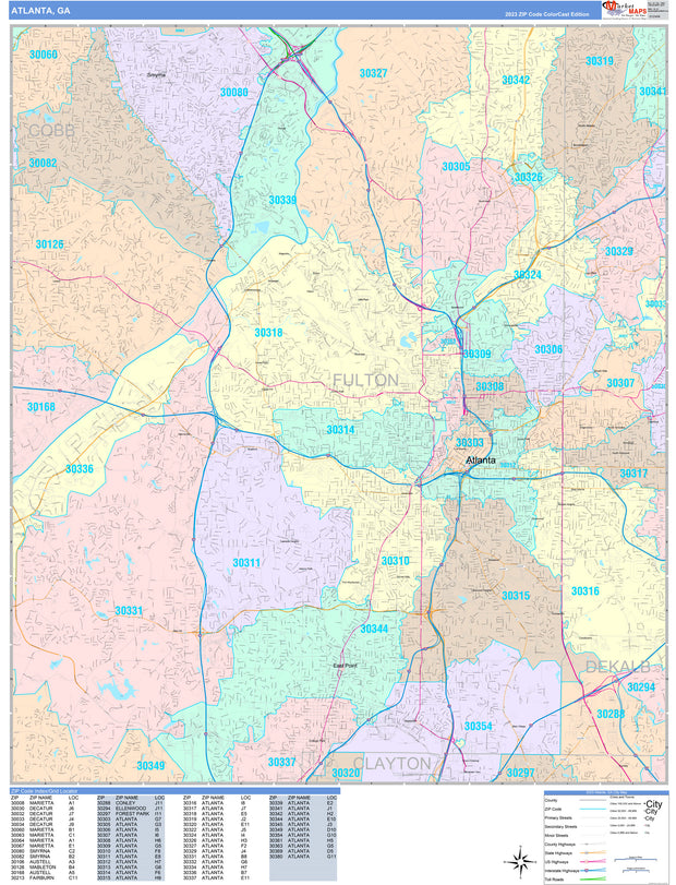 Color Cast Zip Code Style Wall Map of Atlanta by Market Maps