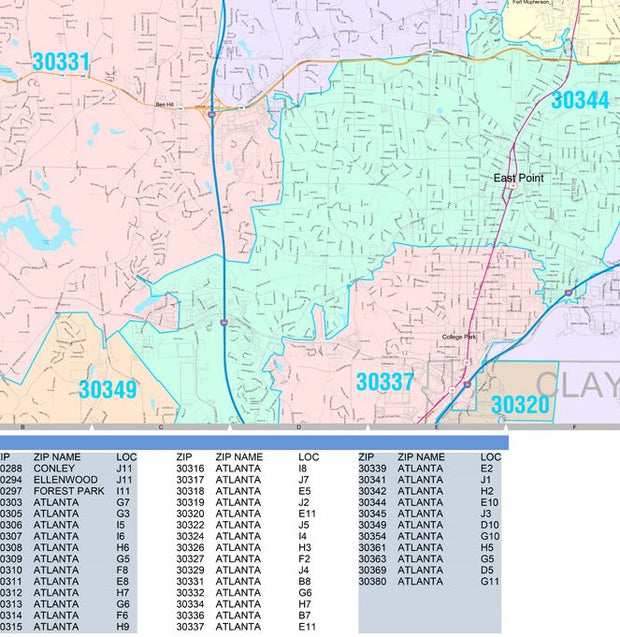 Color Cast Zip Code Style Wall Map of Atlanta by Market Maps