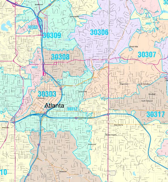 Color Cast Zip Code Style Wall Map of Atlanta by Market Maps