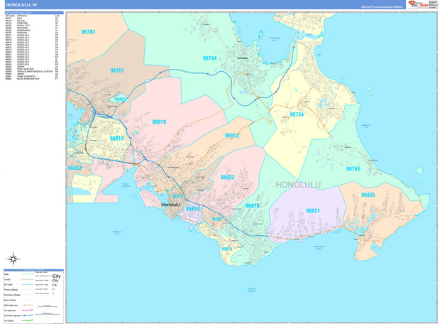 Colorcast Zip Code Style Wall Map of Honolulu by Market Maps