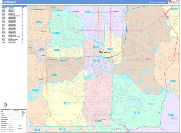 Colorcast Zip Code Style Wall Map of Des Moines, IA by Market Maps