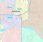 Colorcast Zip Code Style Wall Map of Des Moines, IA by Market Maps