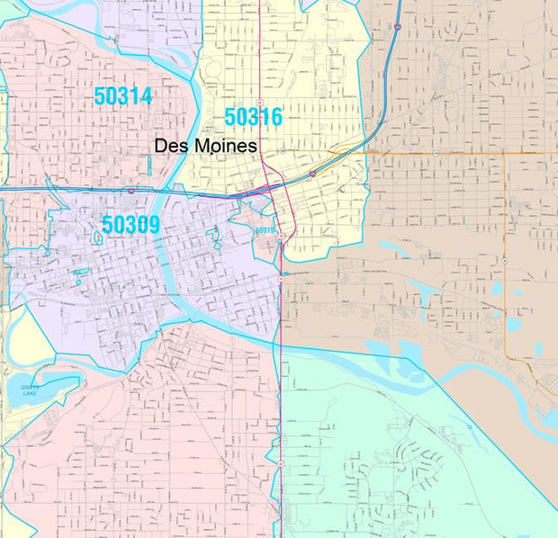 Colorcast Zip Code Style Wall Map of Des Moines, IA by Market Maps