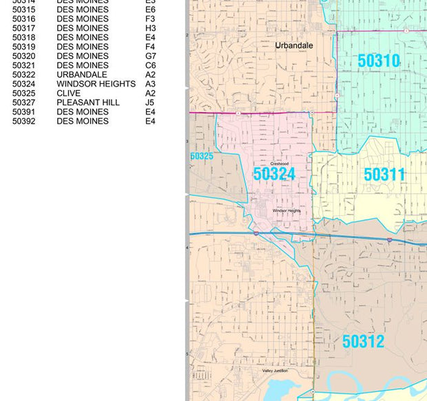 Colorcast Zip Code Style Wall Map of Des Moines, IA by Market Maps