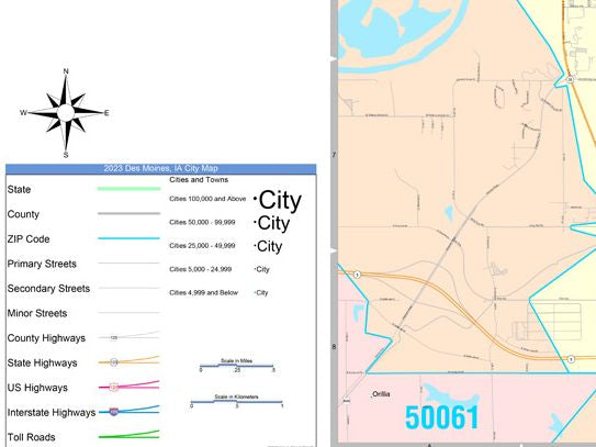 Colorcast Zip Code Style Wall Map of Des Moines, IA by Market Maps