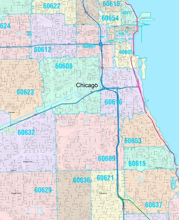 Color Cast Zip Code Style Wall Map of Chicago, IL by Market Maps ...