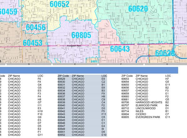 Color Cast Zip Code Style Wall Map of Chicago, IL by Market Maps