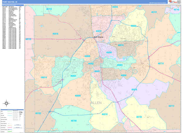 Colorcast Zip Code Style Wall Map of Fort Wayne, IN. by Market Maps ...