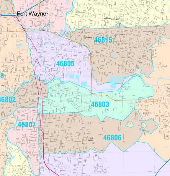 Colorcast Zip Code Style Wall Map of Fort Wayne, IN. by Market Maps