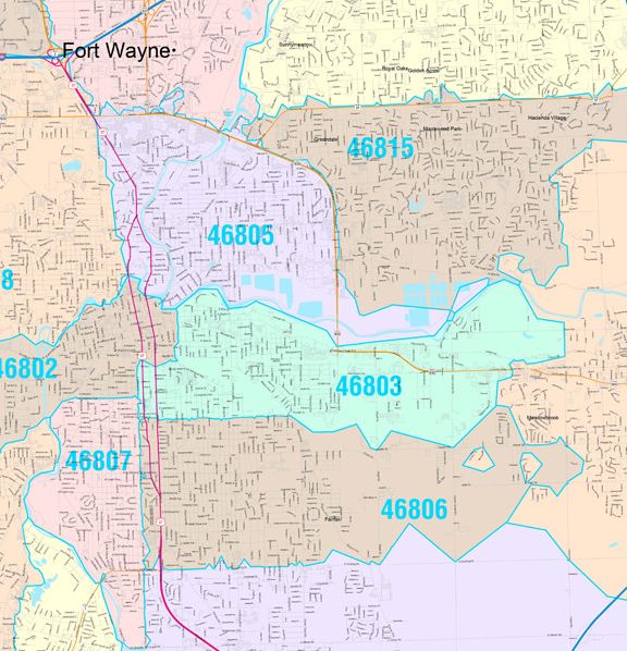 Colorcast Zip Code Style Wall Map of Fort Wayne, IN. by Market Maps