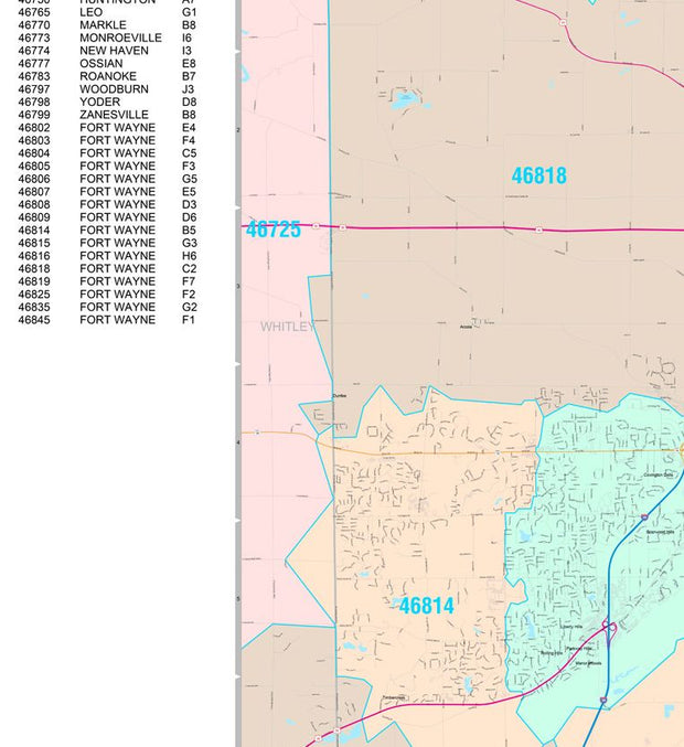 Colorcast Zip Code Style Wall Map of Fort Wayne, IN. by Market Maps