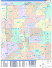 Colorcast Zip Code Style Wall Map of Indianapolis, IN. by Market Maps