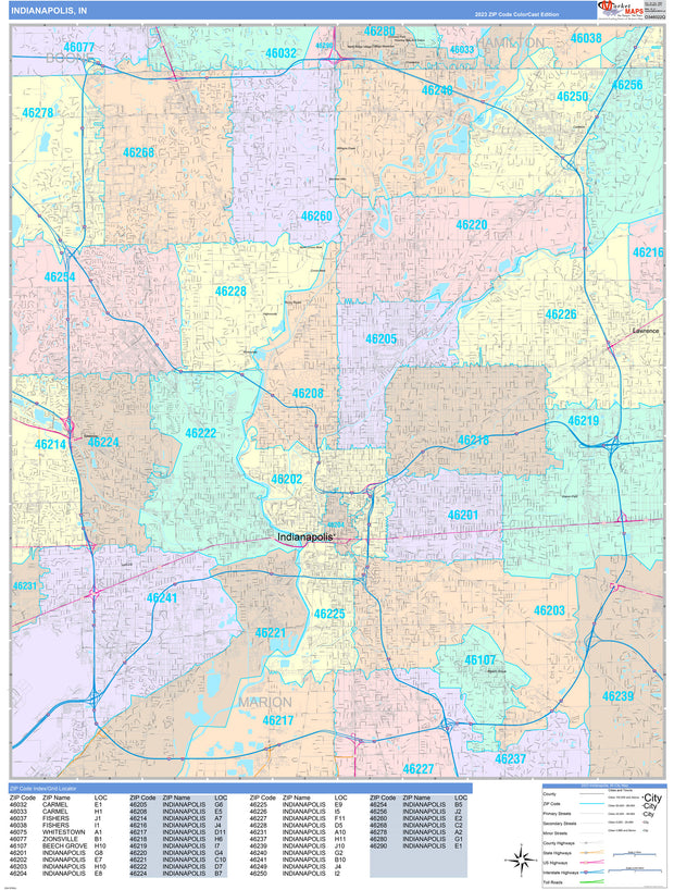 Colorcast Zip Code Style Wall Map of Indianapolis, IN. by Market Maps