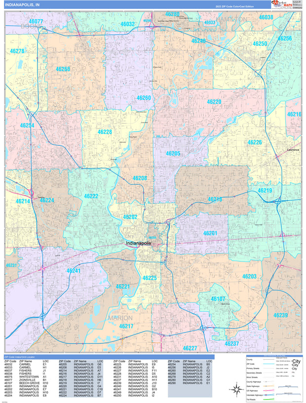 Colorcast Zip Code Style Wall Map of Indianapolis, IN. by Market Maps ...