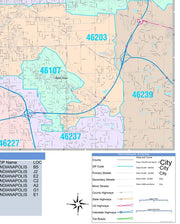 Colorcast Zip Code Style Wall Map of Indianapolis, IN. by Market Maps