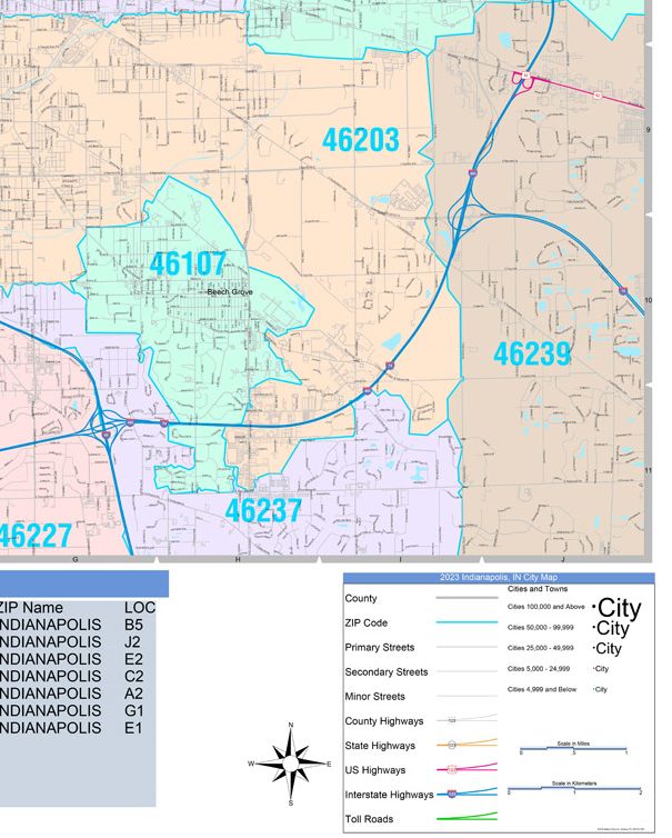 Colorcast Zip Code Style Wall Map of Indianapolis, IN. by Market Maps