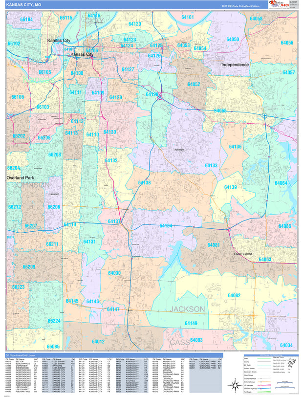 Colorcast Zip Code Style Wall Map of Kansas City, KS by Market Maps