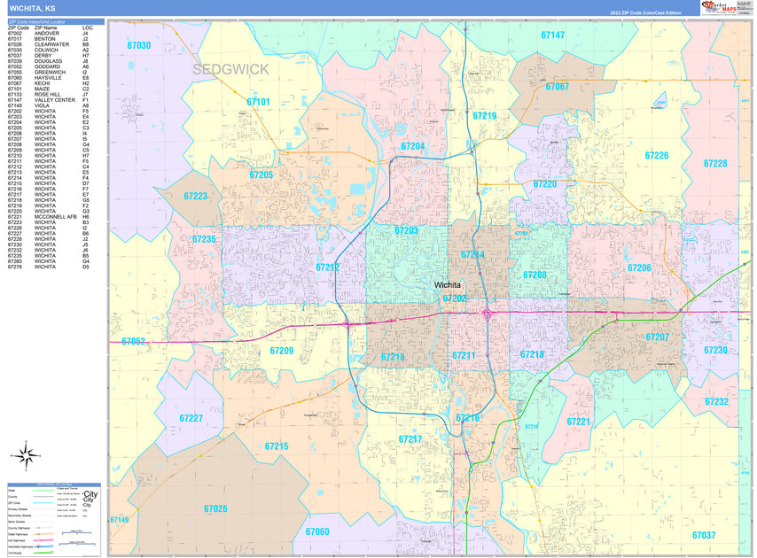 Colorcast Zip Code Style Wall Map of Wichita, KS by Market Maps ...