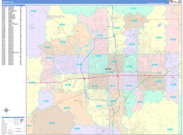 Colorcast Zip Code Style Wall Map of Wichita, KS by Market Maps