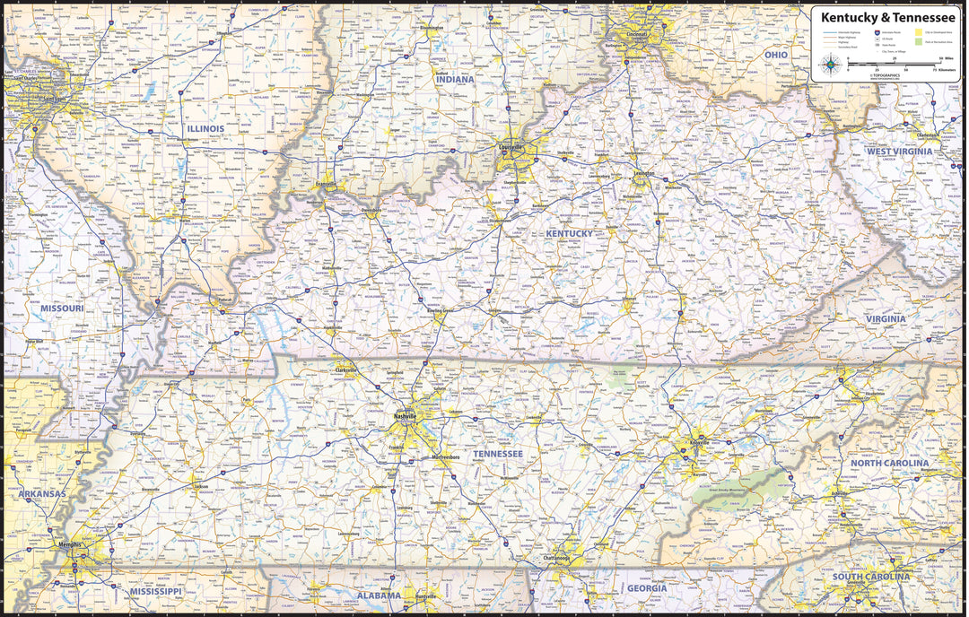 Kentucky and Tennessee Wall Map