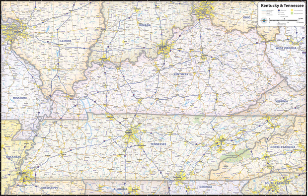 Kentucky and Tennessee Wall Map