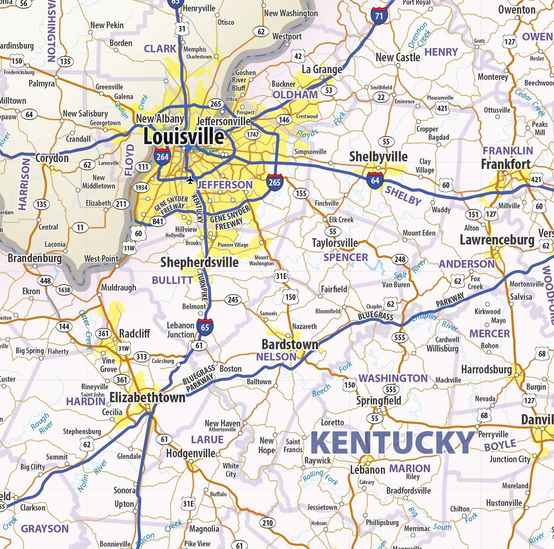 Kentucky and Tennessee Wall Map