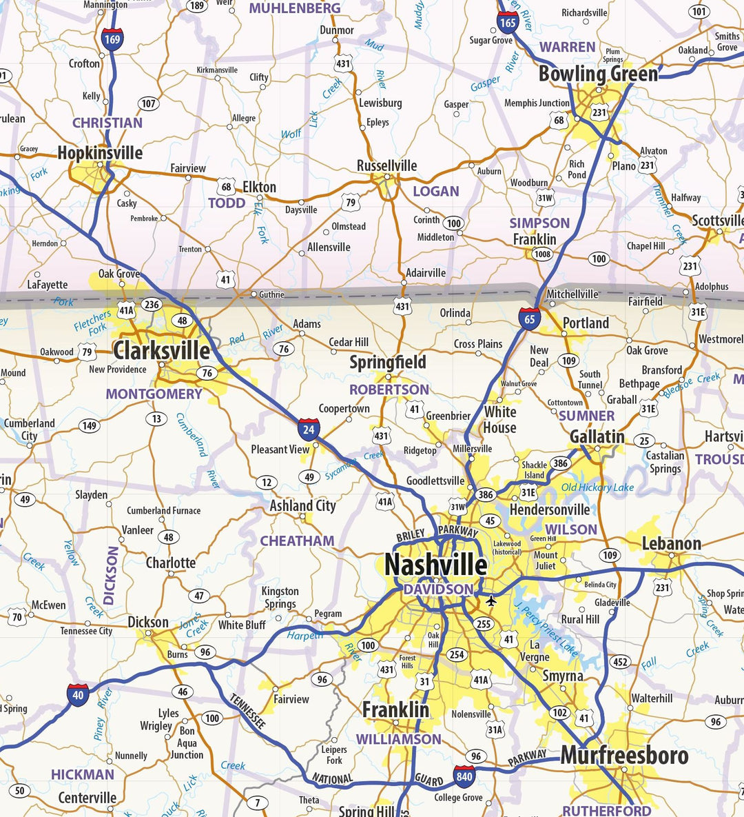 Kentucky and Tennessee Wall Map