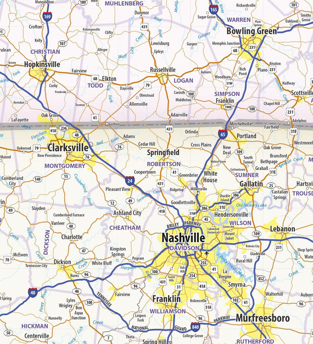 Kentucky and Tennessee Wall Map