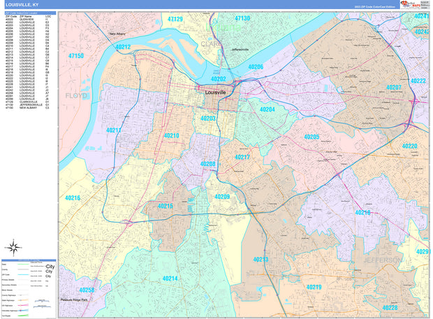 Colorcast Zip Code Style Wall Map of Louisville, KY. by Market Maps