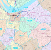 Colorcast Zip Code Style Wall Map of Louisville, KY. by Market Maps