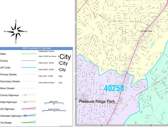 Colorcast Zip Code Style Wall Map of Louisville, KY. by Market Maps