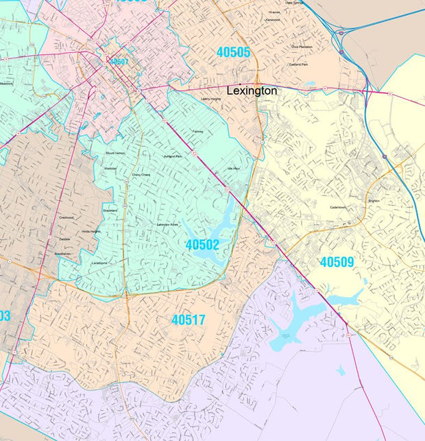 Colorcast Zip Code Style Wall Map of Lexington, KY. by Market Maps