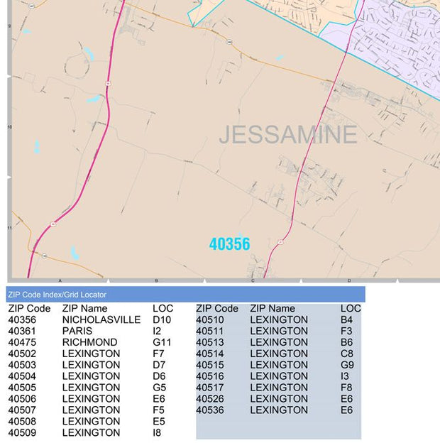 Colorcast Zip Code Style Wall Map of Lexington, KY. by Market Maps