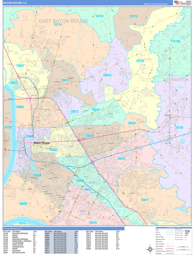 Color Cast Zip Code Style Wall Map of Baton Rouge by Market Maps