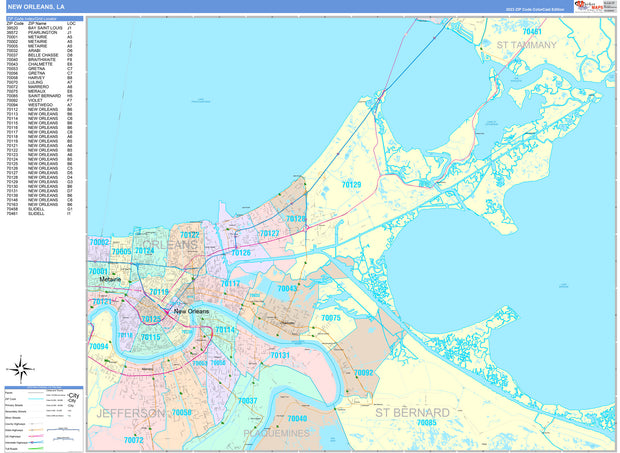 Colorcast Zip Code Style Wall Map of New Orleans by Market Maps