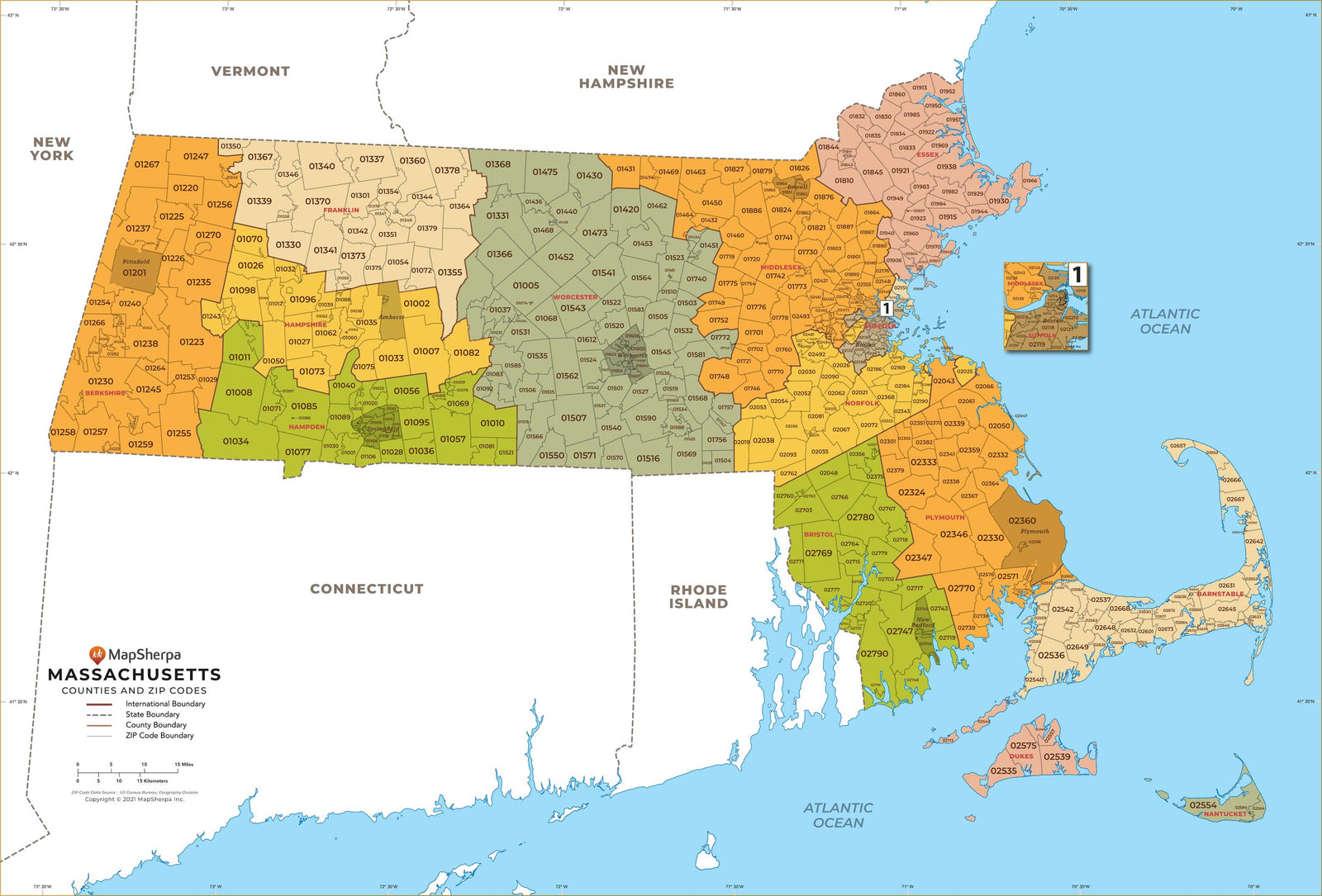 Massachusetts Zip Code Map with Counties