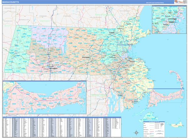 Color Cast Style Wall Map of Massachusetts