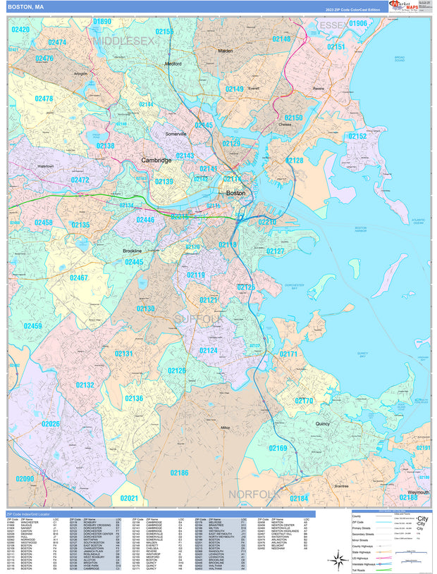 Color Cast Zip Code Style Wall Map of Boston, MA by Market Maps ...