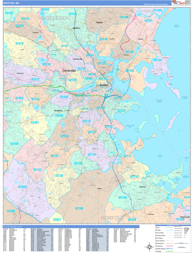 Color Cast Zip Code Style Wall Map of Boston, MA by Market Maps