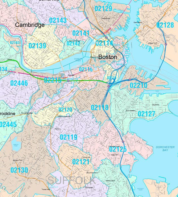 Color Cast Zip Code Style Wall Map of Boston, MA by Market Maps