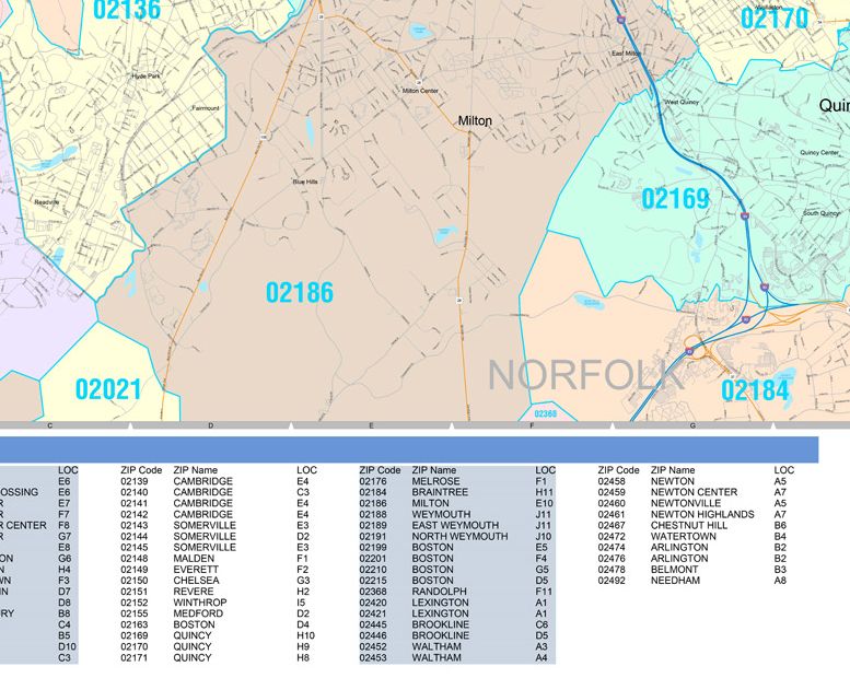 Color Cast Zip Code Style Wall Map of Boston, MA by Market Maps ...