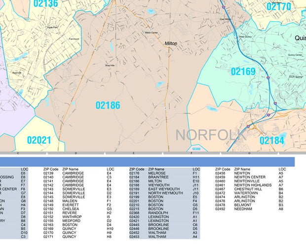 Color Cast Zip Code Style Wall Map of Boston, MA by Market Maps