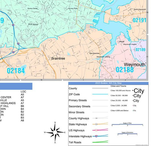 Color Cast Zip Code Style Wall Map of Boston, MA by Market Maps