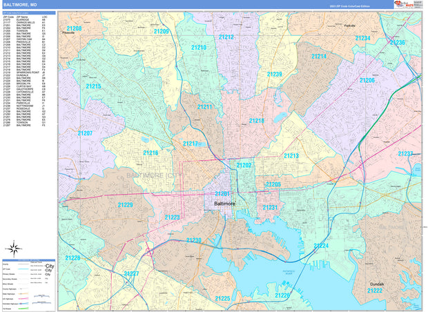 Color Cast Zip Code Style Wall Map of Baltimore by Market Maps ...