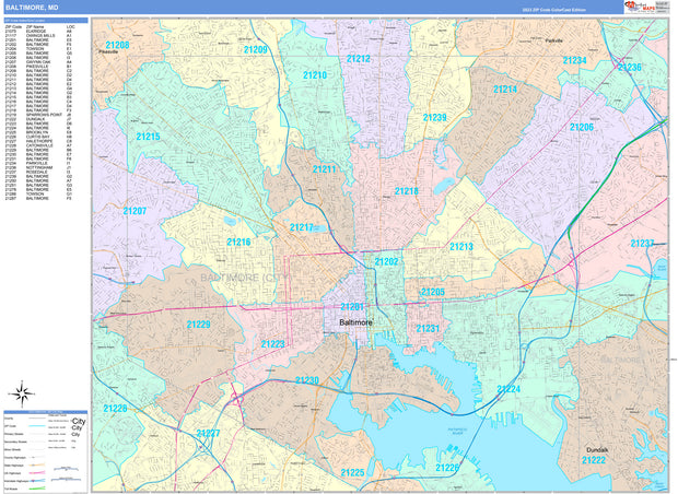 Color Cast Zip Code Style Wall Map of Baltimore by Market Maps