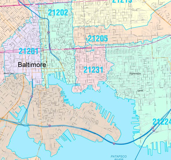 Color Cast Zip Code Style Wall Map of Baltimore by Market Maps