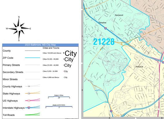 Color Cast Zip Code Style Wall Map of Baltimore by Market Maps