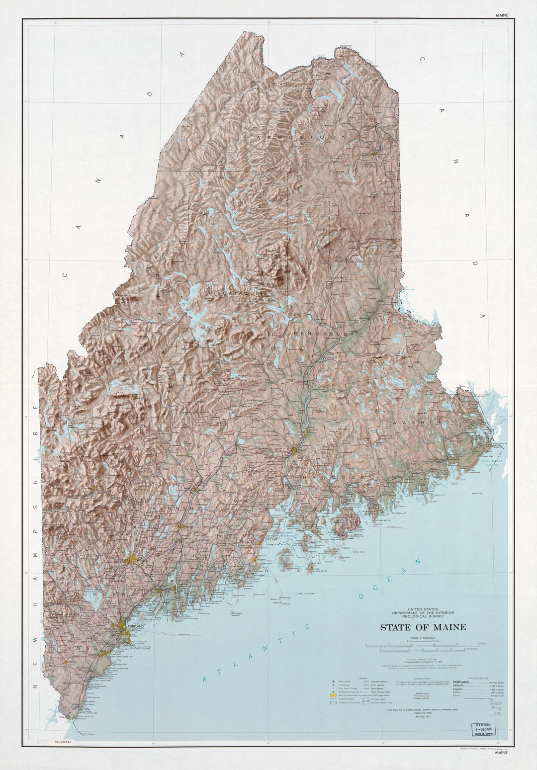 State of Maine Base Map with Highways and Contours, 1977