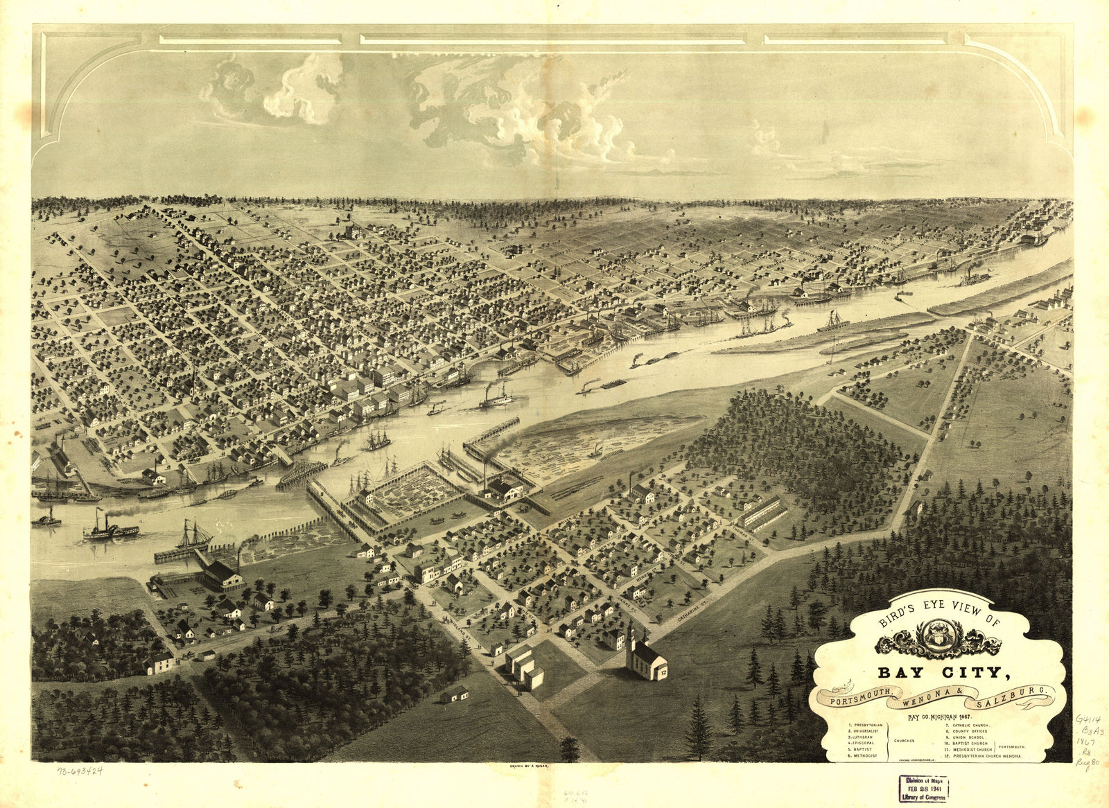 Bird's Eye View of Bay City & Portsmouth, 1867