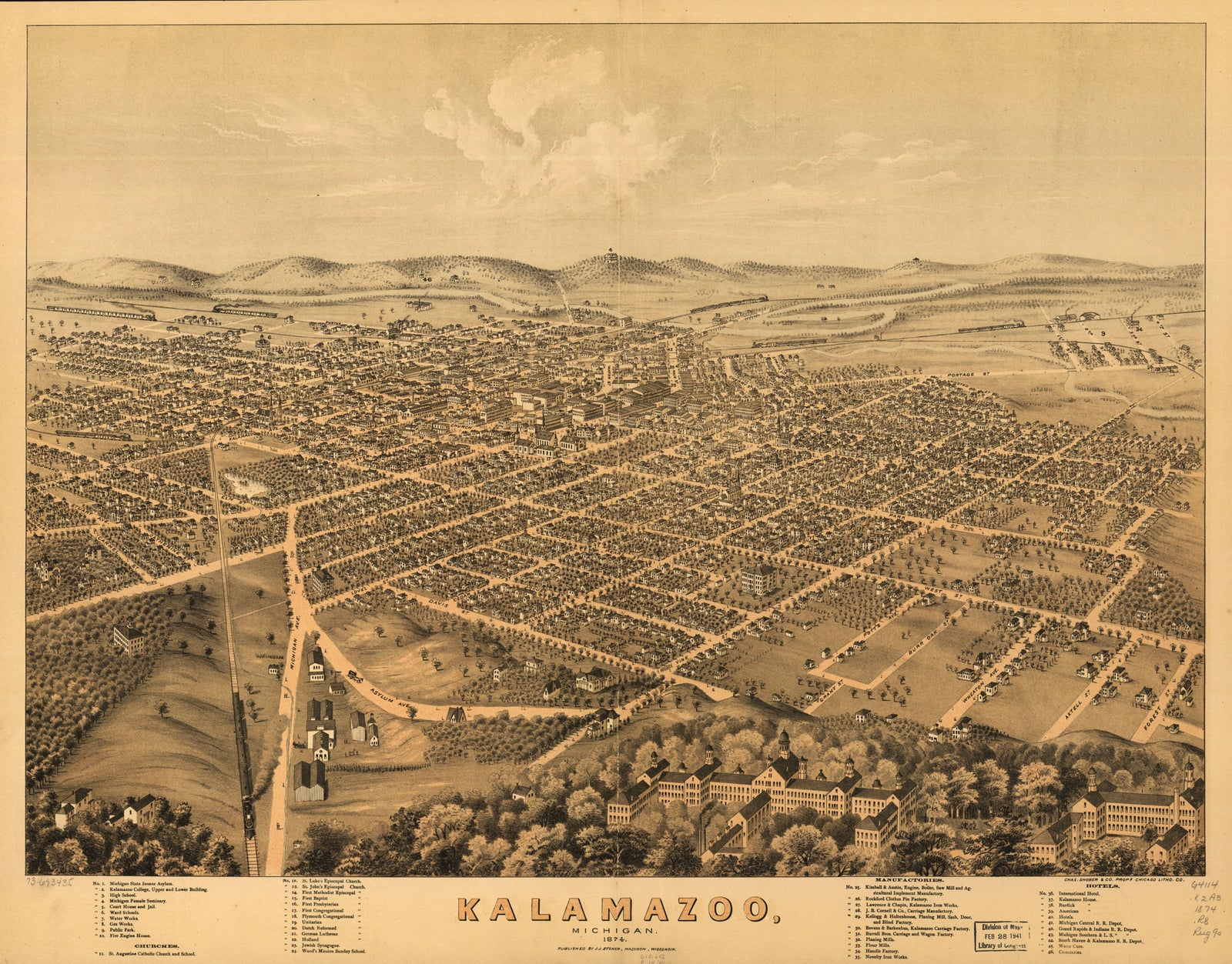 Bird's Eye View of Kalamazoo, Michigan 1874